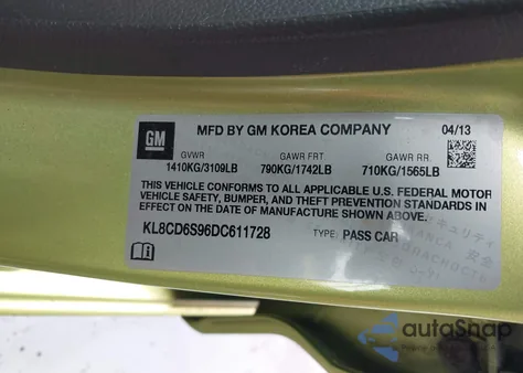 2013 Chevrolet Spark 1Lt Auto from USA, damaged, VIN KL8CD6S96DC611728